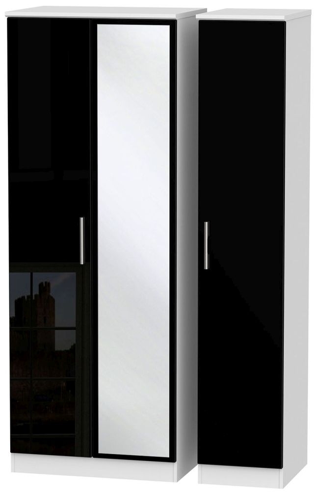 Knightsbridge 3 Door Tall Mirror Wardrobe High Gloss Black And White