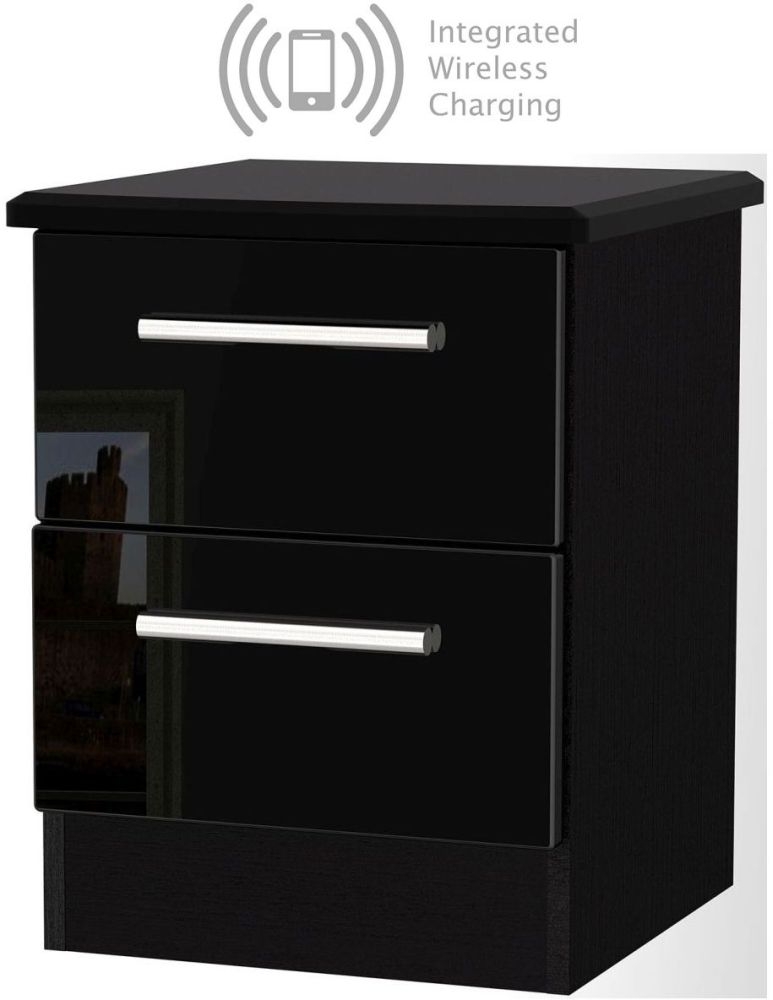 Knightsbridge High Gloss Black 2 Drawer Bedside Cabinet With Integrated Wireless Charging