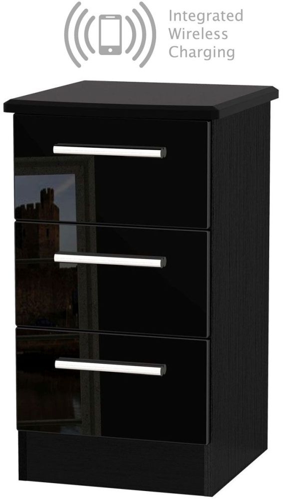 Knightsbridge High Gloss Black 3 Drawer Bedside Cabinet With Integrated Wireless Charging