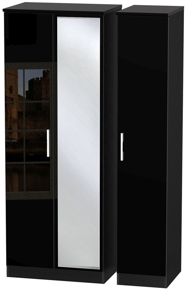 Knightsbridge High Gloss Black 3 Door Tall Mirror Wardrobe