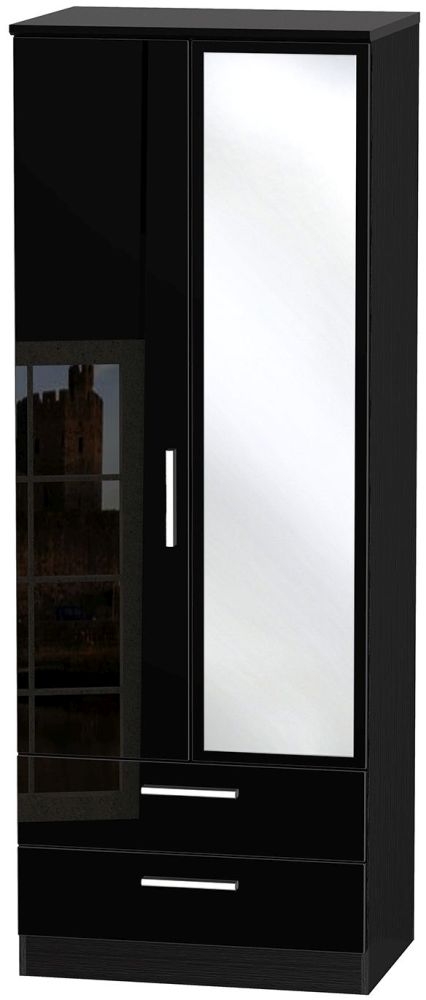Knightsbridge High Gloss Black 2 Door Tall Combi Wardrobe