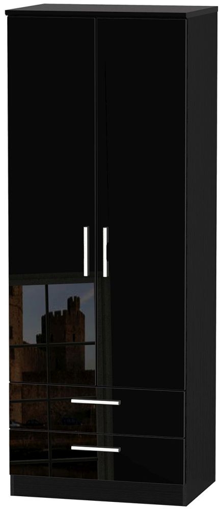 Knightsbridge High Gloss Black 2 Door 2 Drawer Tall Wardrobe