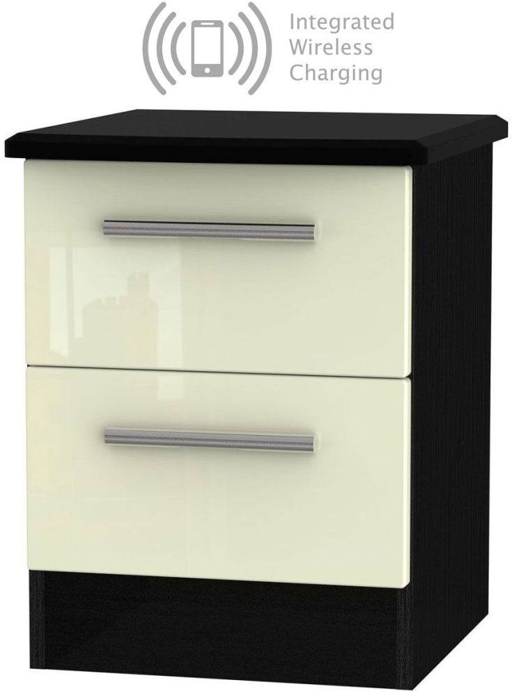 Knightsbridge 2 Drawer Bedside Cabinet With Integrated Wireless Charging High Gloss Cream And Black