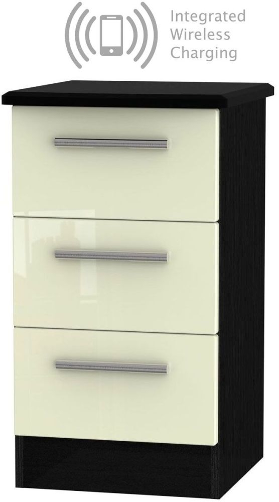 Knightsbridge 3 Drawer Bedside Cabinet With Integrated Wireless Charging High Gloss Cream And Black
