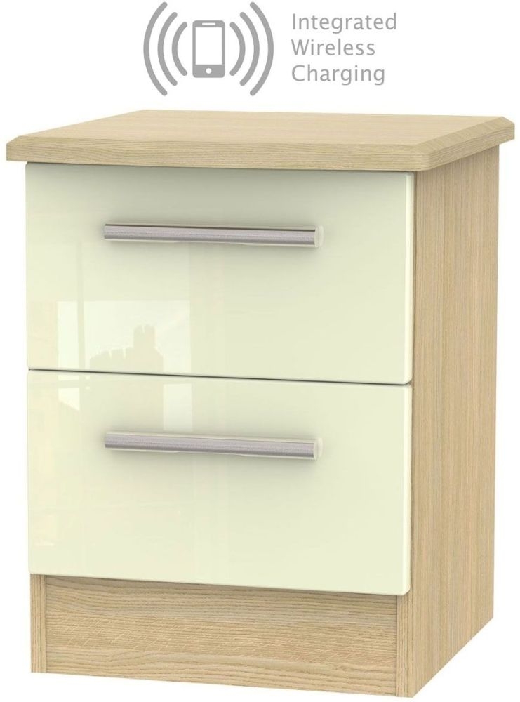 Knightsbridge 2 Drawer Bedside Cabinet With Integrated Wireless Charging High Gloss Cream And Light Oak