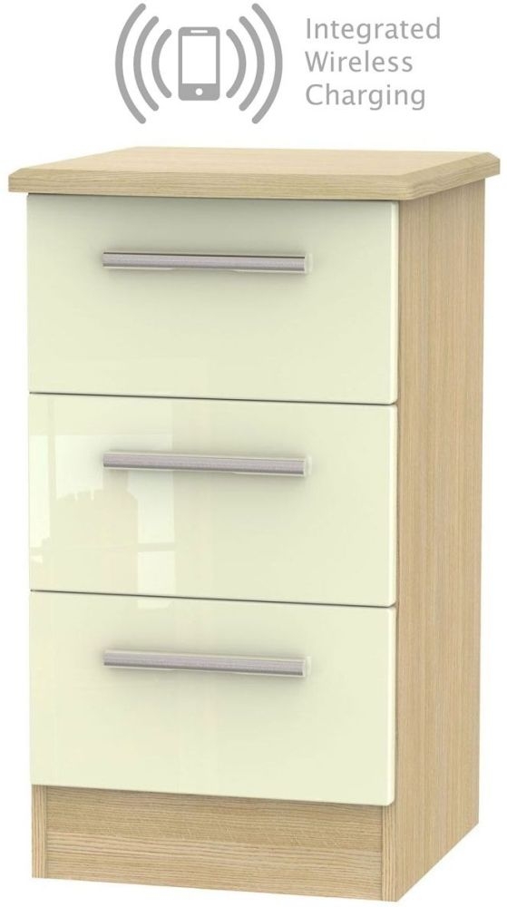 Knightsbridge 3 Drawer Bedside Cabinet With Integrated Wireless Charging High Gloss Cream And Light Oak