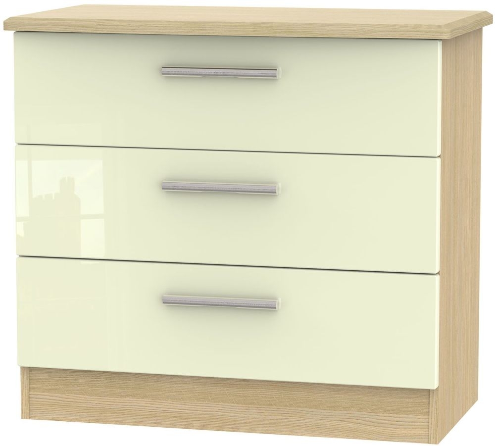 Knightsbridge 3 Drawer Chest High Gloss Cream And Light Oak