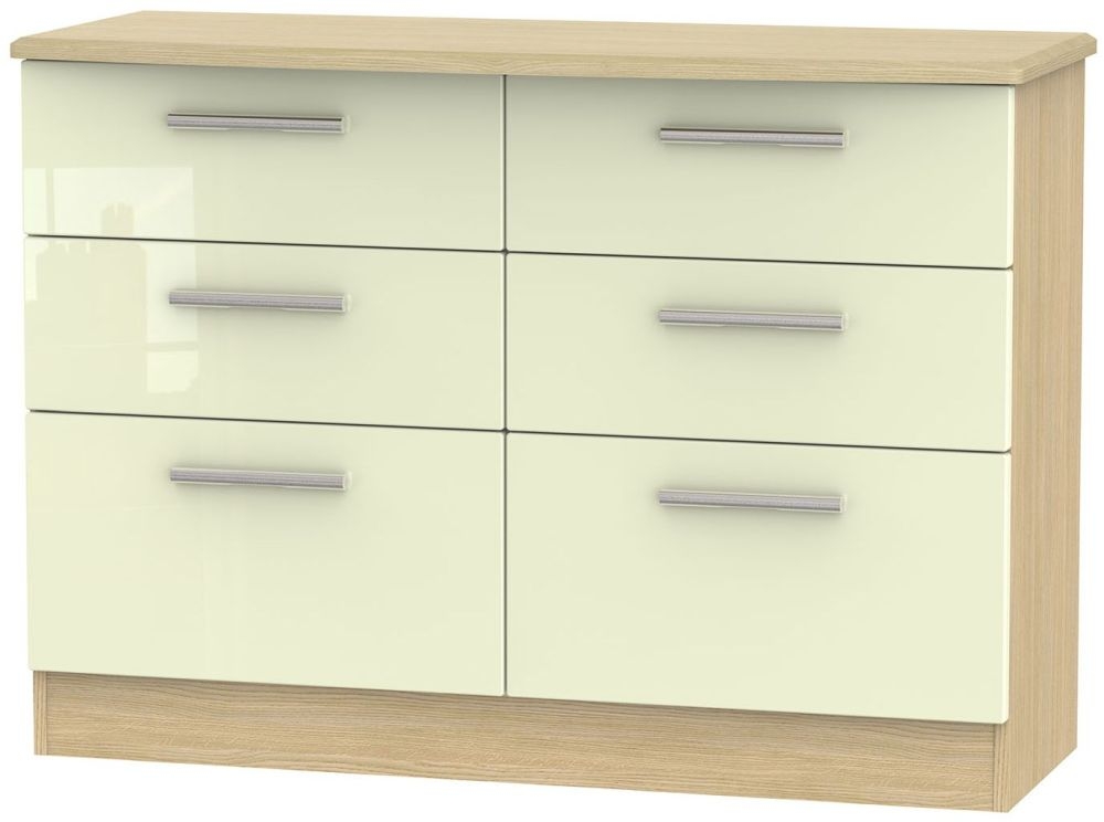 Knightsbridge 6 Drawer Midi Chest High Gloss Cream And Light Oak