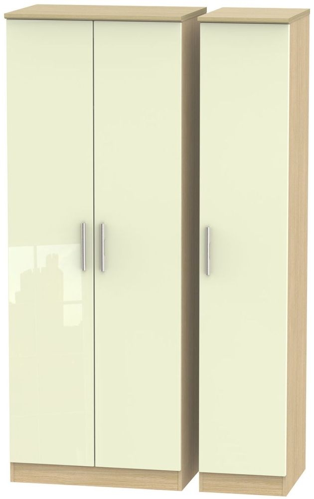 Knightsbridge 3 Door Tall Wardrobe High Gloss Cream And Light Oak