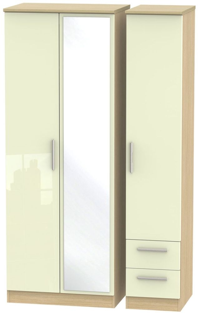 Knightsbridge 3 Door 2 Right Drawer Tall Combi Wardrobe High Gloss Cream And Light Oak