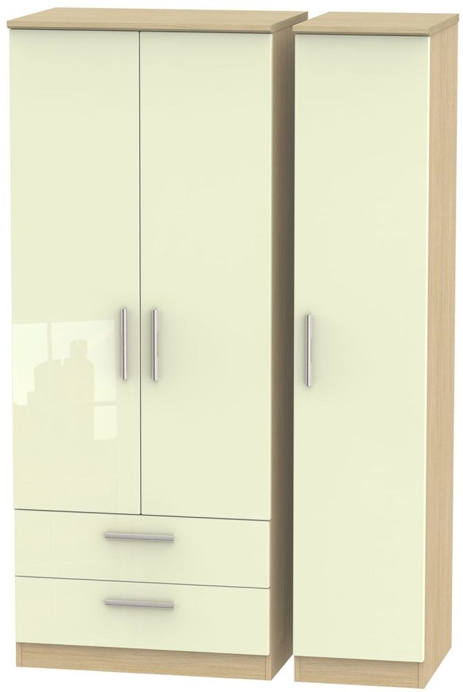 Knightsbridge 3 Door 2 Left Drawer Wardrobe High Gloss Cream And Light Oak