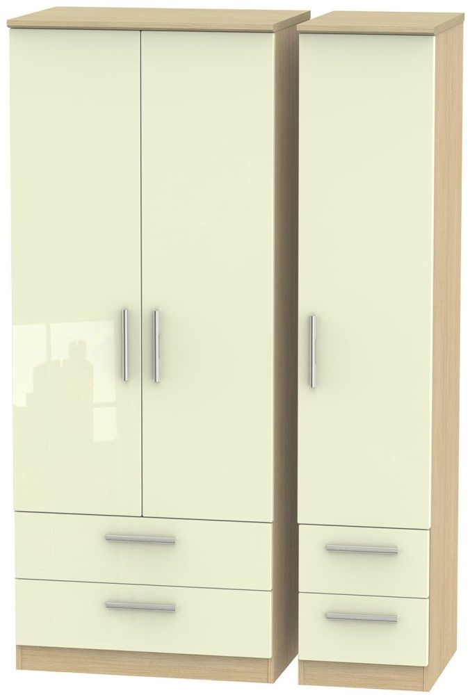 Knightsbridge 3 Door 4 Drawer Wardrobe High Gloss Cream And Light Oak