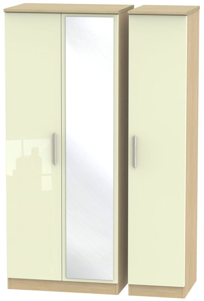 Knightsbridge 3 Door Mirror Wardrobe High Gloss Cream And Light Oak