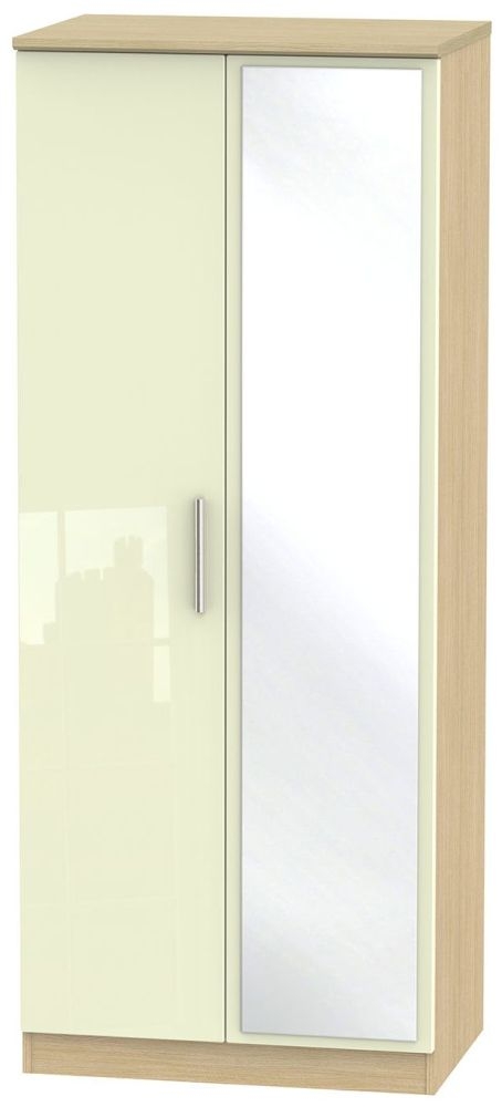 Knightsbridge 2 Door Mirror Wardrobe High Gloss Cream And Light Oak