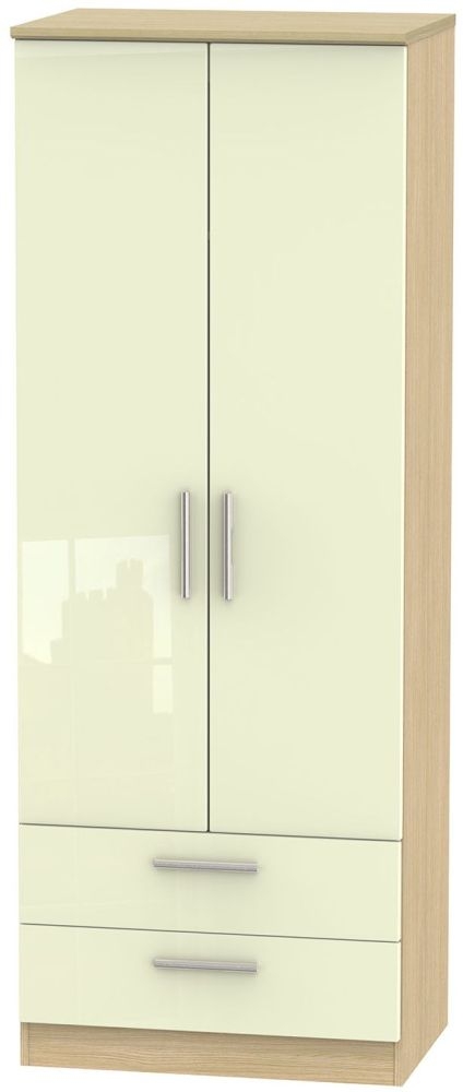 Knightsbridge 2 Door 2 Drawer Tall Wardrobe High Gloss Cream And Light Oak