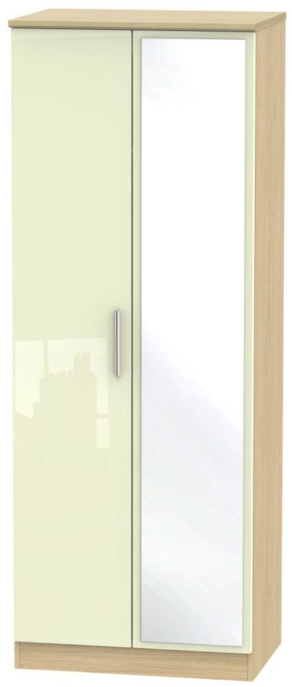 Knightsbridge 2 Door Tall Mirror Wardrobe High Gloss Cream And Light Oak