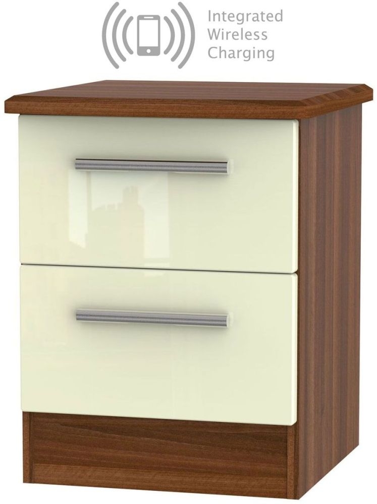 Knightsbridge 2 Drawer Bedside Cabinet With Integrated Wireless Charging High Gloss Cream And Noche Walnut