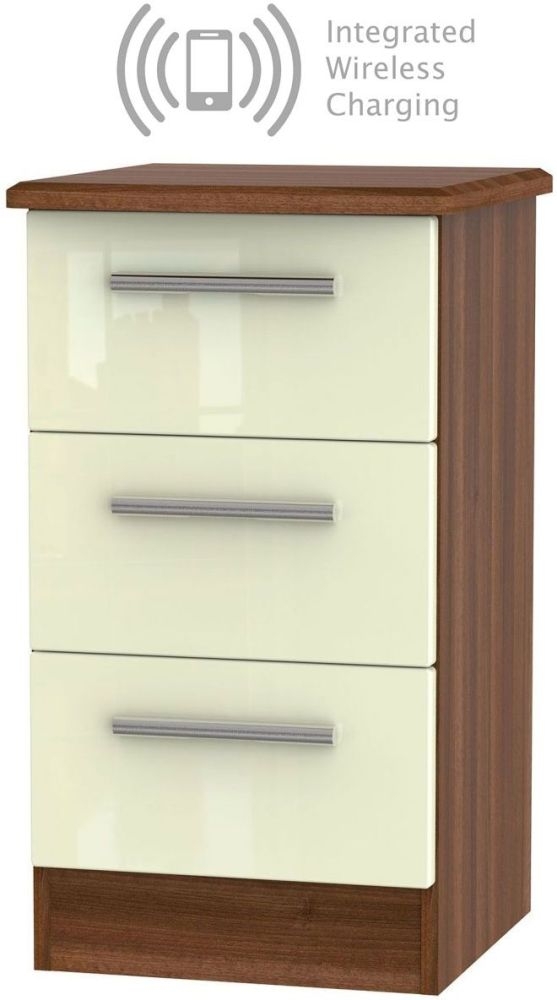 Knightsbridge 3 Drawer Bedside Cabinet With Integrated Wireless Charging High Gloss Cream And Noche Walnut