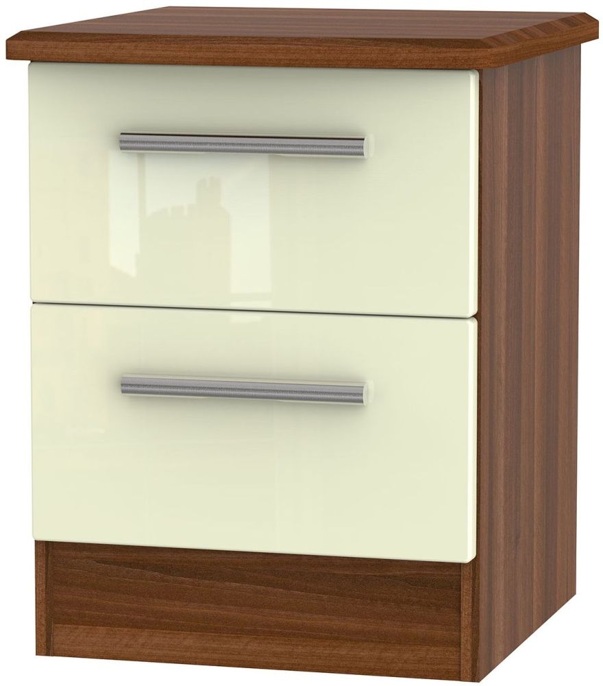 Knightsbridge 2 Drawer Bedside Cabinet High Gloss Cream And Noche Walnut