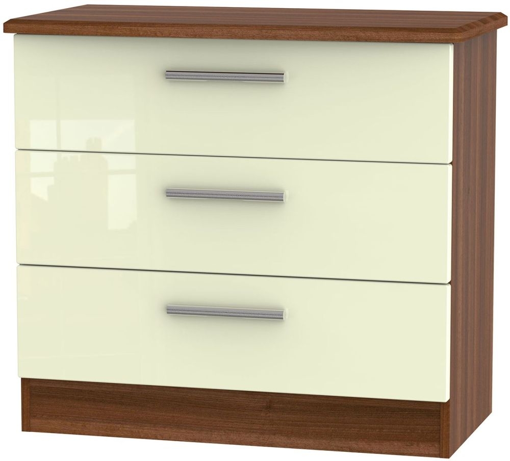 Knightsbridge 3 Drawer Chest High Gloss Cream And Noche Walnut