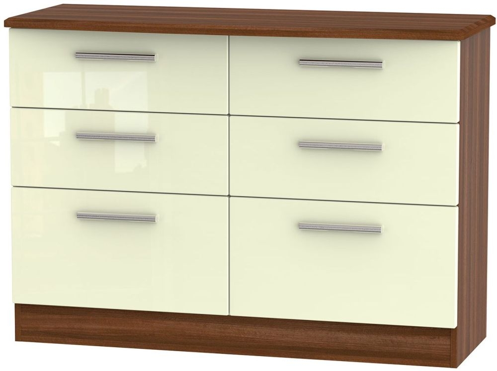 Knightsbridge 6 Drawer Midi Chest High Gloss Cream And Noche Walnut