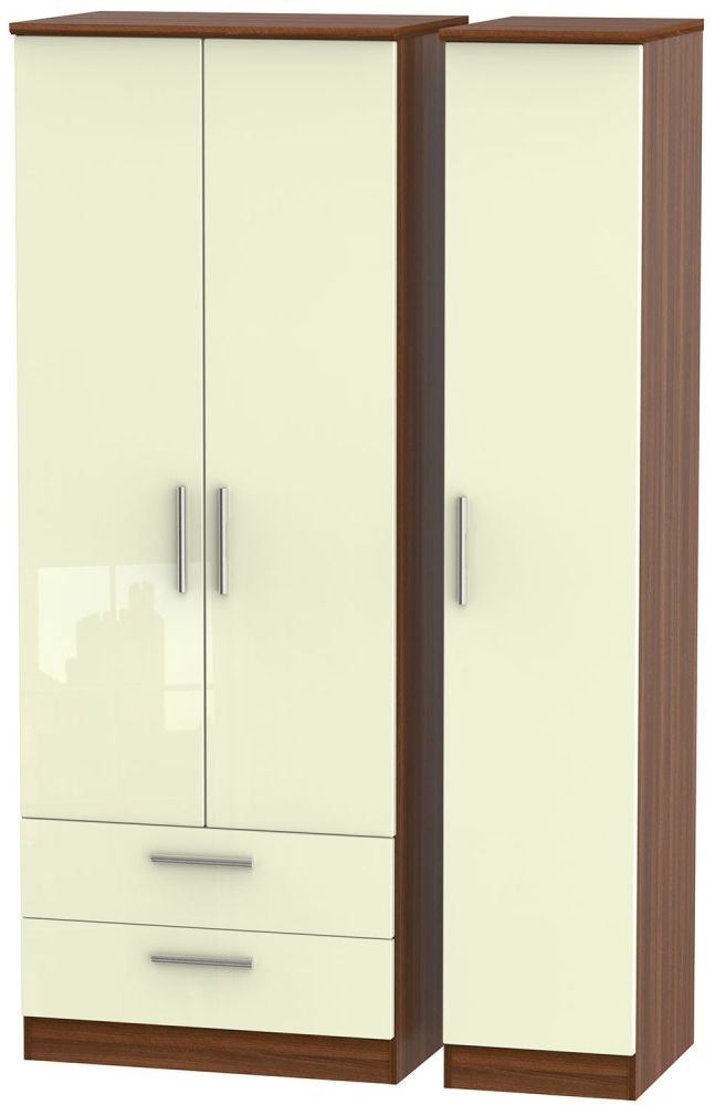 Knightsbridge 3 Door 2 Left Drawer Tall Wardrobe High Gloss Cream And Noche Walnut