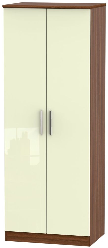 Knightsbridge 2 Door Tall Wardrobe High Gloss Cream And Noche Walnut