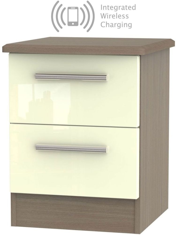 Knightsbridge 2 Drawer Bedside Cabinet With Integrated Wireless Charging High Gloss Cream And Toronto Walnut