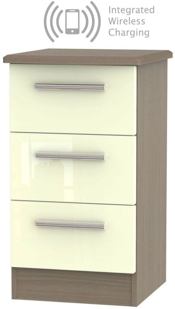 Knightsbridge 3 Drawer Bedside Cabinet With Integrated Wireless Charging High Gloss Cream And Toronto Walnut