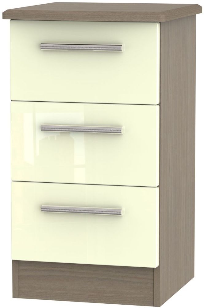 Knightsbridge 3 Drawer Bedside Cabinet High Gloss Cream And Toronto Walnut