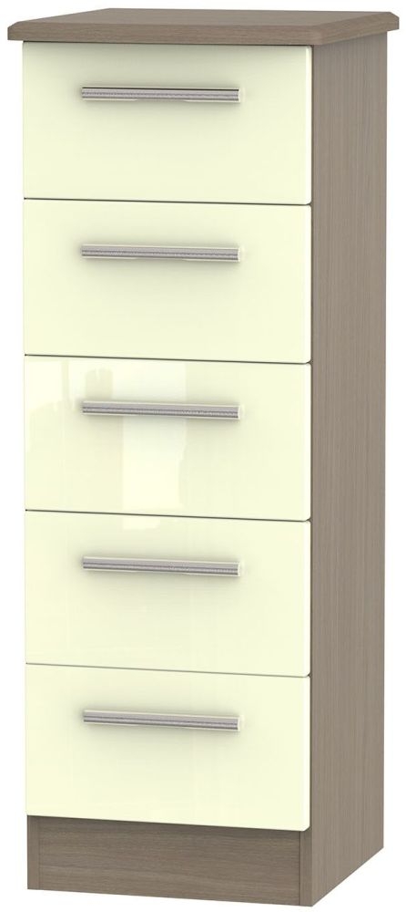 Knightsbridge 5 Drawer Tall Chest High Gloss Cream And Toronto Walnut