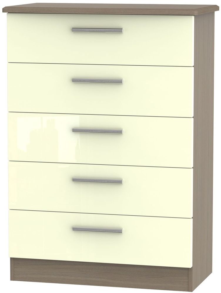 Knightsbridge 5 Drawer Chest High Gloss Cream And Toronto Walnut