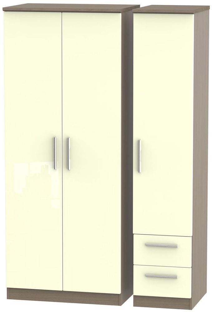 Knightsbridge 3 Door 2 Right Drawer Wardrobe High Gloss Cream And Toronto Walnut