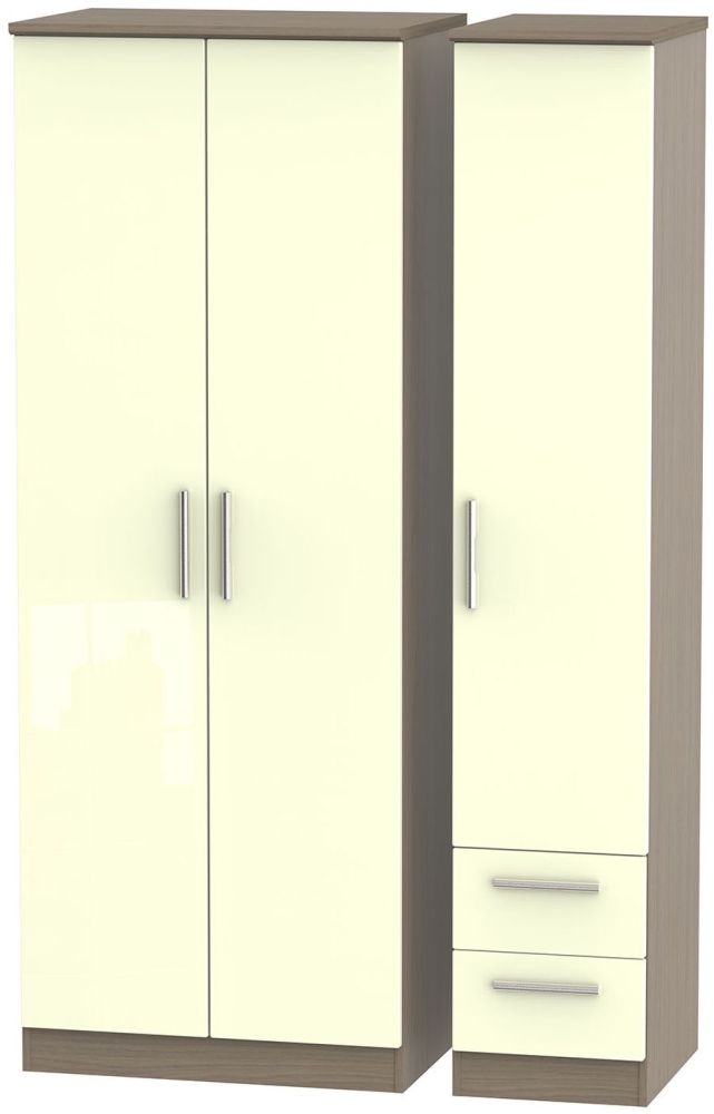 Knightsbridge 3 Door 2 Right Drawer Tall Wardrobe High Gloss Cream And Toronto Walnut