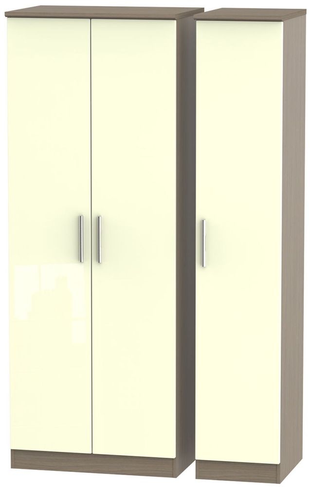 Knightsbridge 3 Door Tall Wardrobe High Gloss Cream And Toronto Walnut