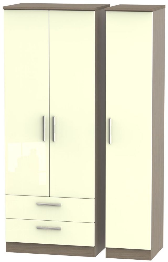 Knightsbridge 3 Door 2 Left Drawer Tall Wardrobe High Gloss Cream And Toronto Walnut