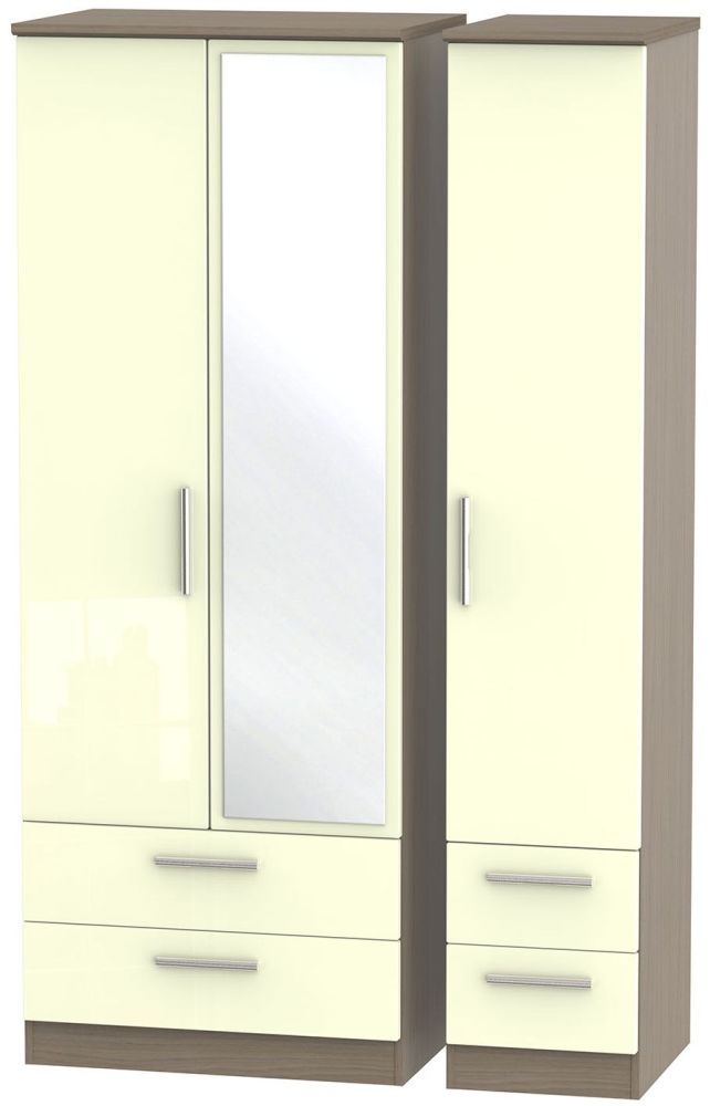 Knightsbridge 3 Door 4 Drawer Tall Combi Wardrobe High Gloss Cream And Toronto Walnut