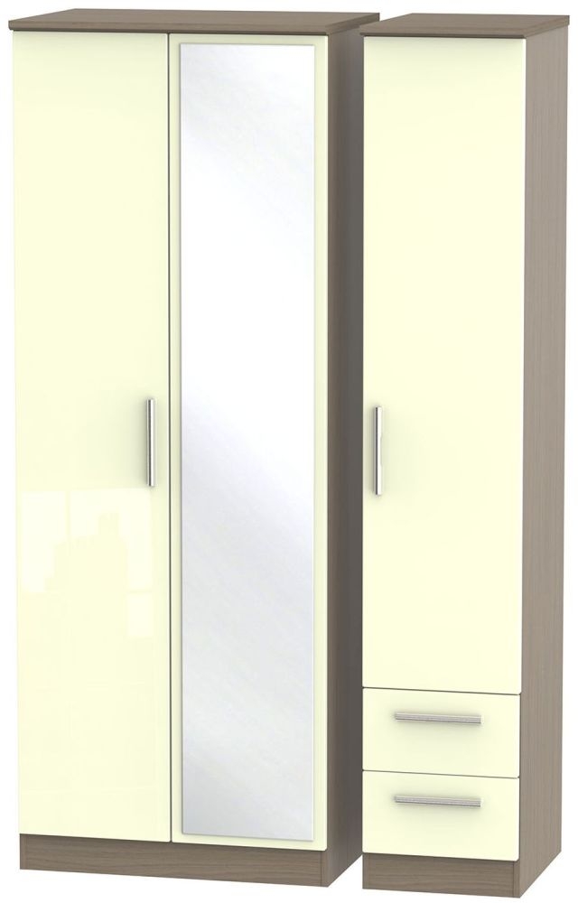 Knightsbridge 3 Door 2 Right Drawer Tall Combi Wardrobe High Gloss Cream And Toronto Walnut