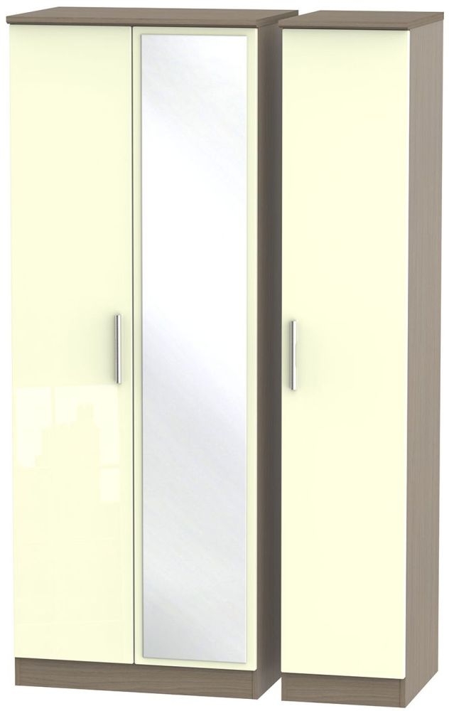 Knightsbridge 3 Door Tall Mirror Wardrobe High Gloss Cream And Toronto Walnut