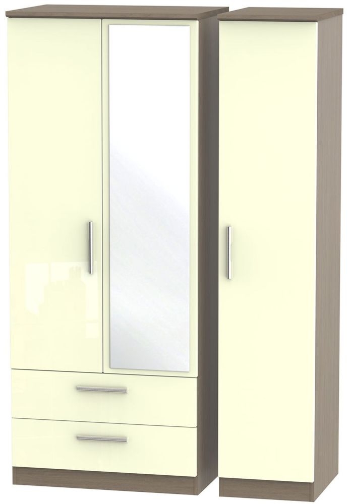 Knightsbridge 3 Door 2 Left Drawer Combi Wardrobe High Gloss Cream And Toronto Walnut