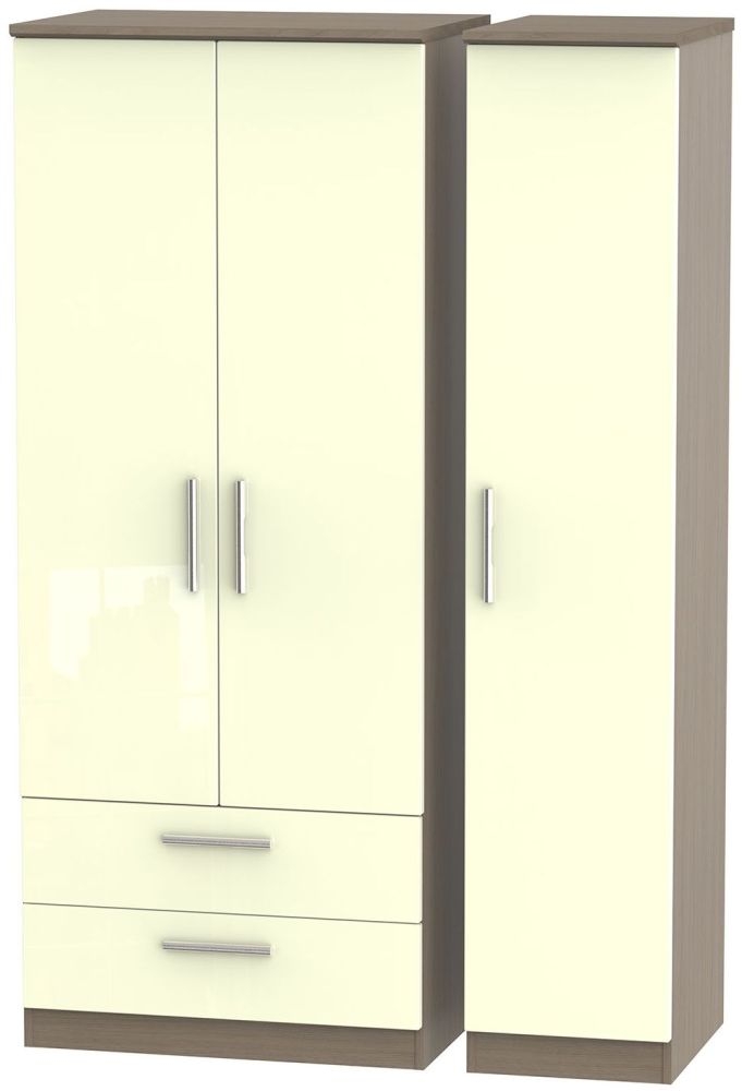 Knightsbridge 3 Door 2 Left Drawer Wardrobe High Gloss Cream And Toronto Walnut