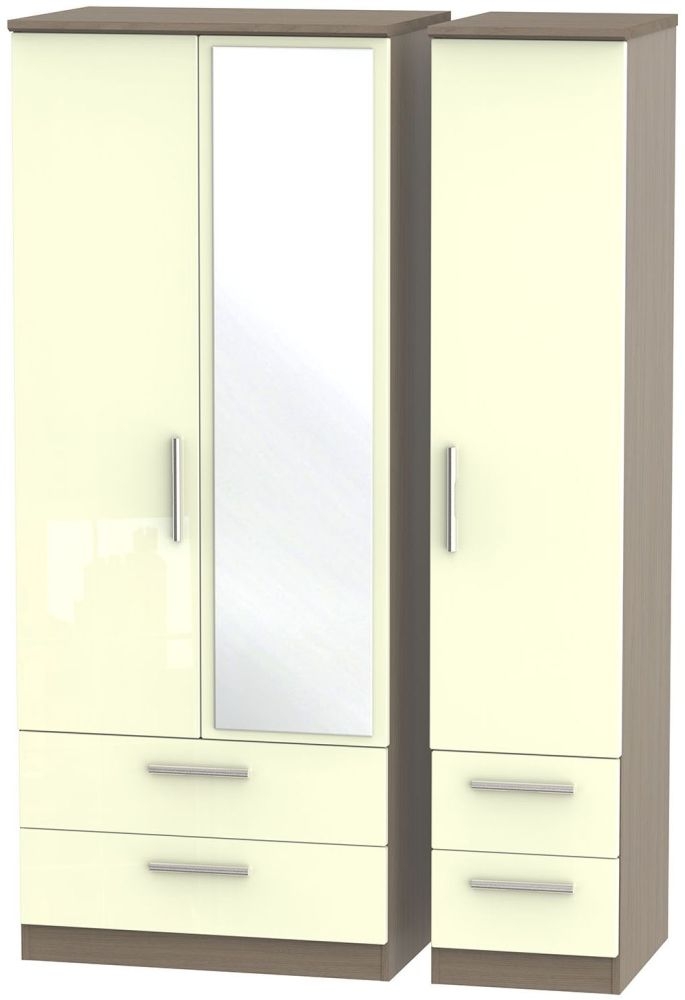 Knightsbridge 3 Door 4 Drawer Combi Wardrobe High Gloss Cream And Toronto Walnut