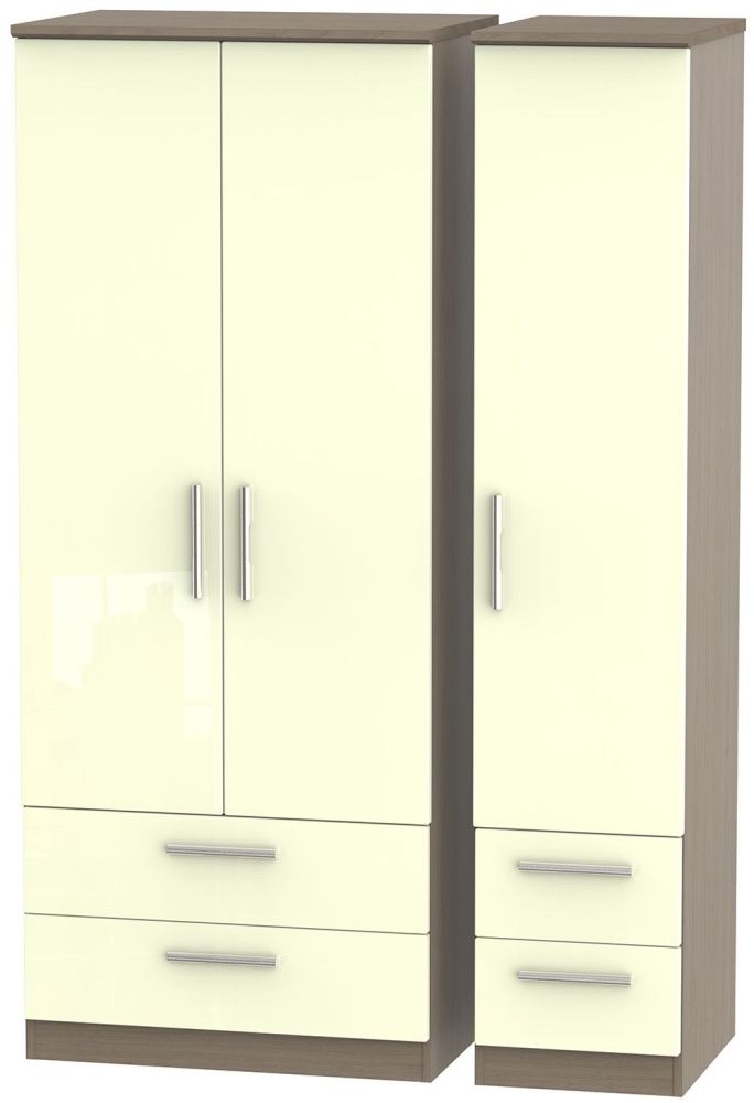 Knightsbridge 3 Door 4 Drawer Wardrobe High Gloss Cream And Toronto Walnut