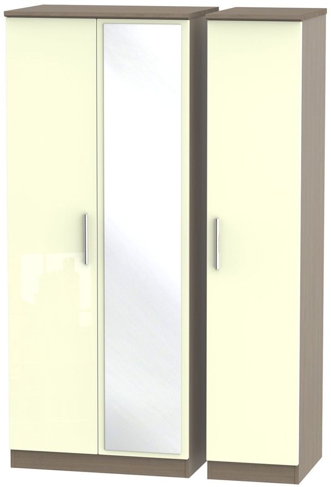 Knightsbridge 3 Door Mirror Wardrobe High Gloss Cream And Toronto Walnut