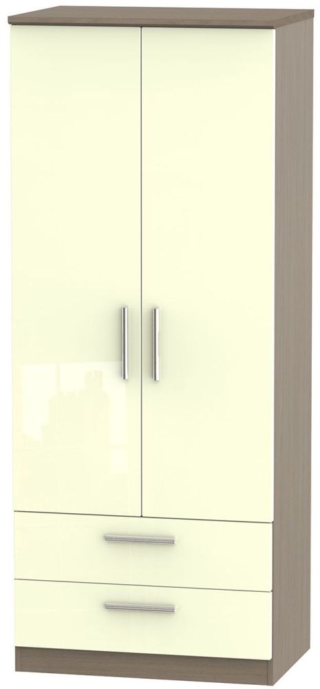 Knightsbridge 2 Door 2 Drawer Wardrobe High Gloss Cream And Toronto Walnut