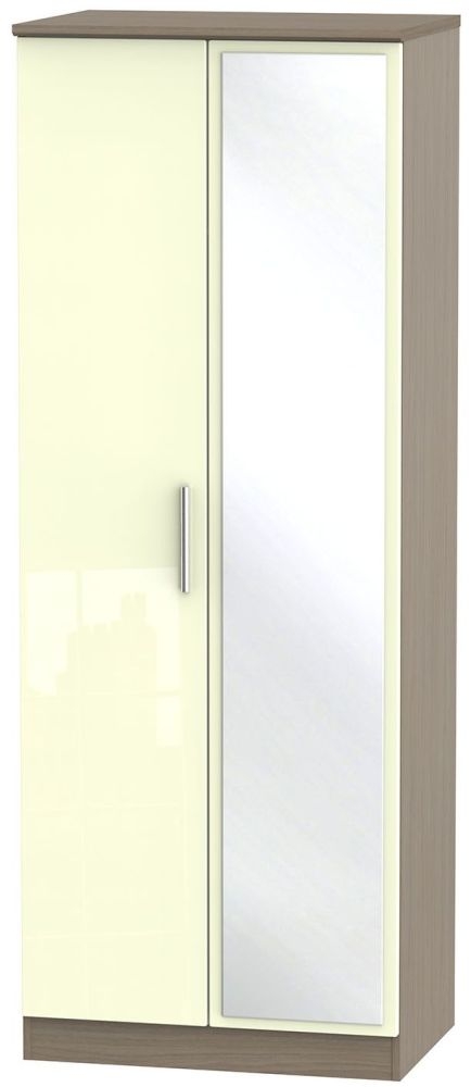 Knightsbridge 2 Door Tall Mirror Wardrobe High Gloss Cream And Toronto Walnut