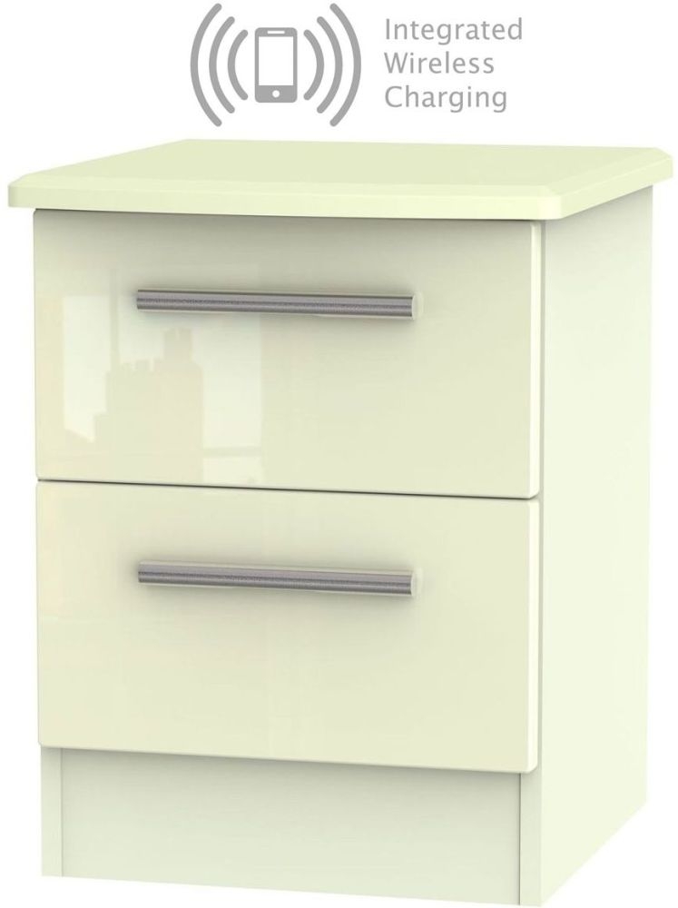 Knightsbridge High Gloss Cream 2 Drawer Bedside Cabinet With Integrated Wireless Charging