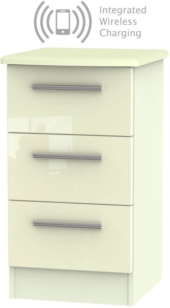 Knightsbridge High Gloss Cream 3 Drawer Bedside Cabinet With Integrated Wireless Charging