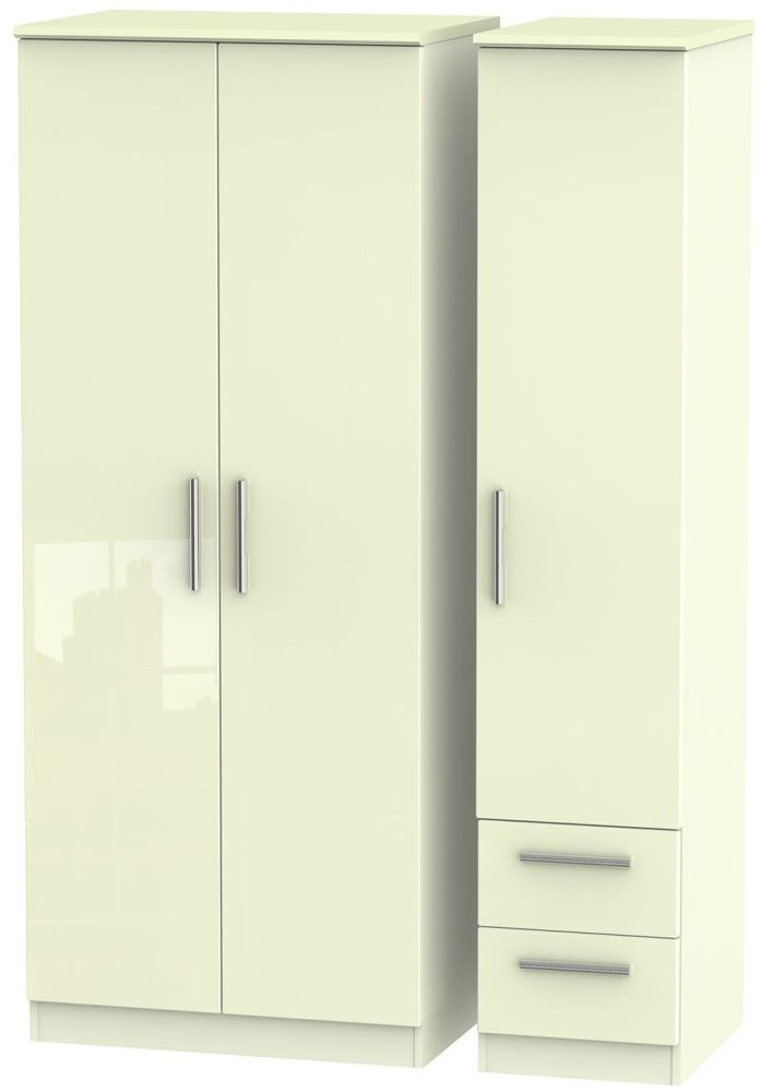 Knightsbridge High Gloss Cream 3 Door 2 Right Drawer Wardrobe