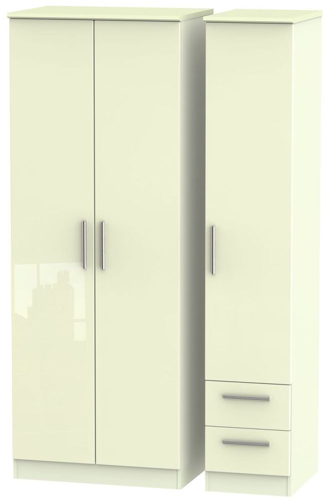 Knightsbridge High Gloss Cream 3 Door 2 Drawer Tall Wardrobe